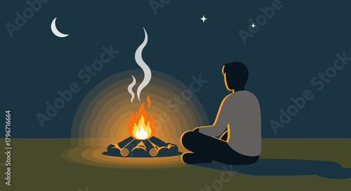 Nighttime Serenity Contemplating by the Campfire, Under the Moonlit Sky and Stars