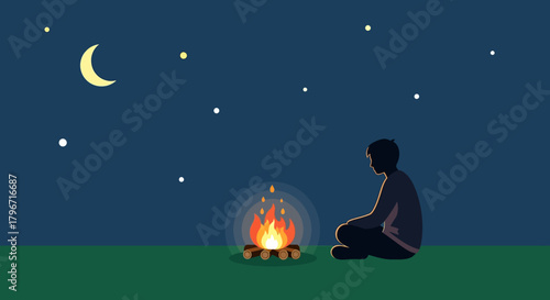 Nighttime Serenity A Person Gazing at a Campfire Under the Stars, Finding Peace and Solitude