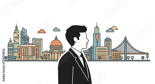Man in Cityscape Business Vision & Architectural Aspiration Illustration