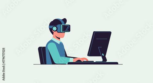 Man Immersed in Virtual Reality Experience Using VR Headset and Computer