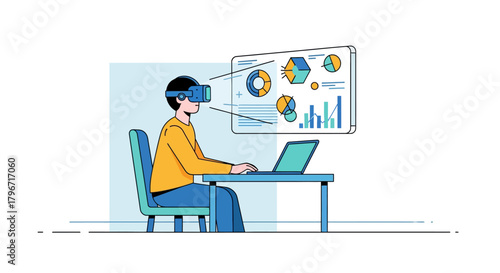 A person in a virtual reality headset analyzing complex business data charts and graphs on a futuristic digital interface