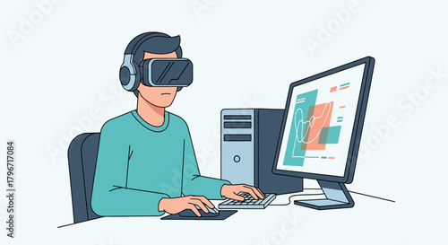 Immersive Virtual Reality Experience A Person Engaged in Digital Work or Gaming with a VR Headset and Computer Setup, Exploring New Interactive Technologies
