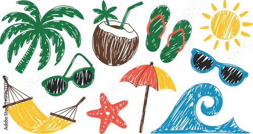 Hand Drawn Scribble Summer Beach Elements Vector Set