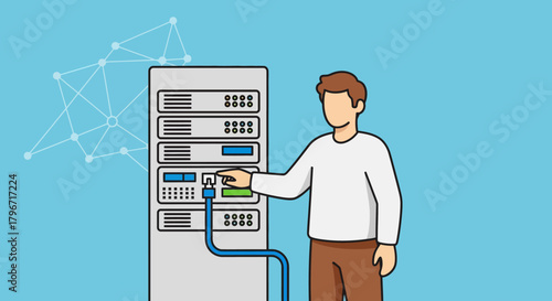 An IT professional connects a network cable to a server rack in a data center, illustrating system administration and maintenance tasks