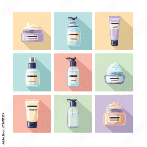 Various skincare products, including creams, lotions, and sprays, are displayed in a colorful, flat-lay arrangement, perfect for beauty and cosmetic branding.