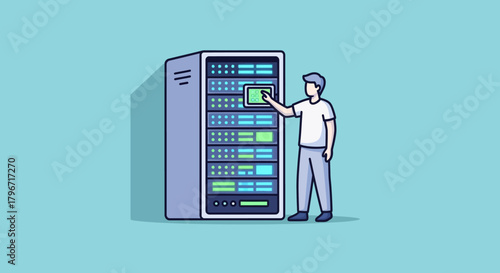 Vector illustration of an IT technician performing maintenance on a computer server rack, a concept for data center management and network infrastructure