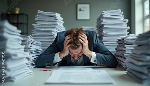 Stressed businessman collapses onto desk overwhelmed by paperwork. He rests his head in despair amidst a huge pile of documents. This image represents work pressure and bureaucratic challenges.