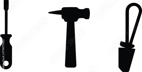 Black silhouette icons of screwdriver hammer and awl on white tool