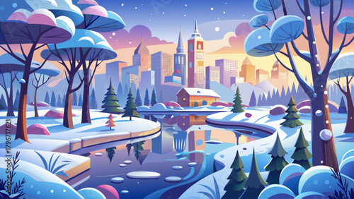 A serene winter scene featuring delicate frosted branches, calm icy water, and soft morning light illuminating a quiet urban park