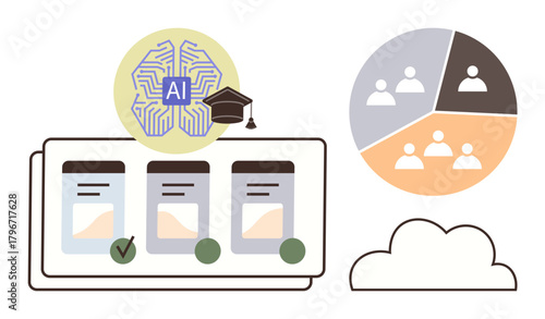 AI graphic with graduation cap, digital modules, user demographics pie chart, and cloud icon. Ideal for education, AI, technology, elearning data innovation and analytics. Simplistic flat metaphor