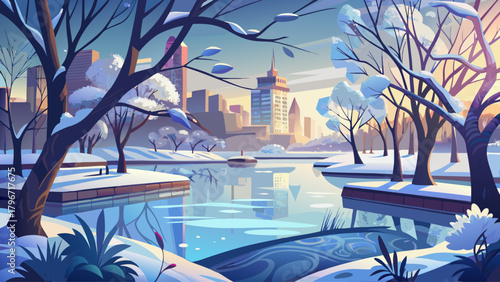 A serene winter scene featuring delicate frosted branches, calm icy water, and soft morning light illuminating a quiet urban park