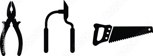 Black silhouettes of pliers saw and trowel on white background tool tools