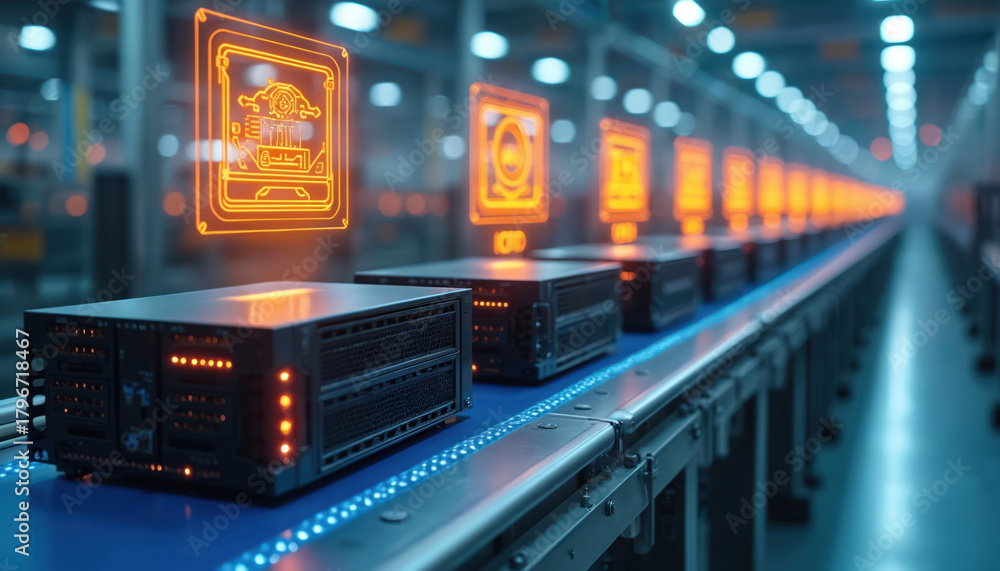 Naklejka premium Rack servers move on automated conveyor belt in smart factory. Glowing icons visualize data flow and industrial processes. Advanced tech in modern production.
