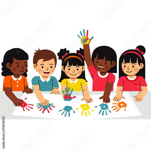 Diverse group of children enjoyed making colorful handprint art together at a table during a fun classroom activity.