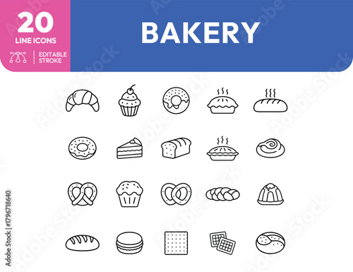 Assorted Bakery Items Line Art Croissant Cupcake Donut Pie Bread Pretzel Macaron Waffle