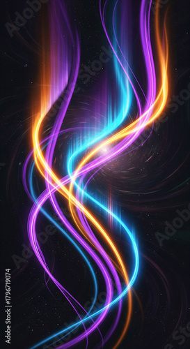 Abstract swirling lines of vibrant purple and orange light creating a dynamic, energetic visual effect on a dark background