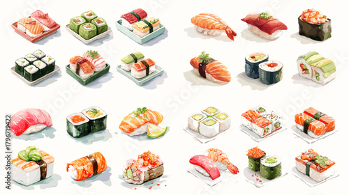 Watercolor sushi set with nigiri, maki, sashimi and toppings on small plates. Fresh Japanese cuisine clipart for menus, patterns, packaging, and restaurant branding.