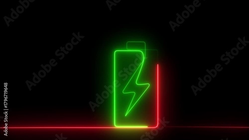 Abstract glowing Green Red neon  Battery charge neon sign Glowing Icon and  Power and Electricity Accumulator with Glowing neon battery icon of symbol concept on black background  4k animation video 