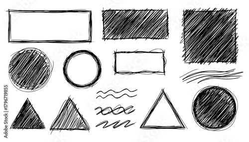 Collection of handdrawn sketchy geometric shapes and scribbles
