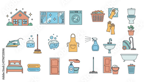 Collection of cartoon icons representing home cleaning and household chores, including a house, washing machine, iron, vacuum, and bathroom items