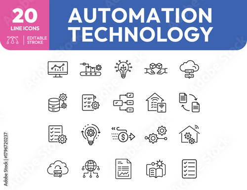 Automation Technology Twenty Line Icons Depicting Modern Technological Processes
