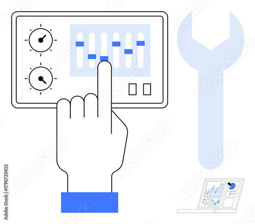 Hand interacting with a control panel featuring sliders, dials, and analytical charts with nearby wrench. Ideal for technology, engineering, user control, data analysis, customization, productivity