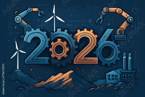 New year 2026 industrial automation with gears, robot arm and wind turbine for future technology