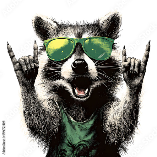 Rockstar Raccoon with Attitude: A cool raccoon sports sunglasses and raises his hands in a rock and roll gesture, exuding confidence and a rebellious spirit.
