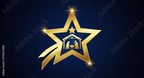 Golden christmas star of bethlehem with nativity scene background for holiday greeting card design vector