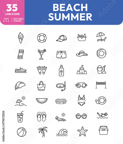 Beach and Summer Line Icons Ice Cream Lifebuoy Sunscreen and More