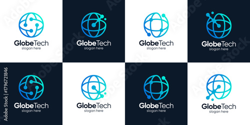 Set of globe ​​tech logo design template illustration. Abstract globe concept vector design with technology system connection and abstract dot, data, molecule and system symbol graphic icon