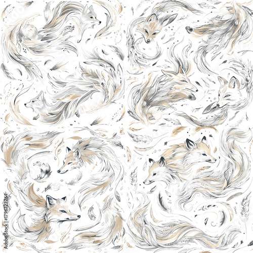 Elegant seamless pattern of foxes with flowing tails in soft beige and black linework. Whimsical woodland illustration for fabric, wallpaper, nursery rooms and cozy autumn decor.
