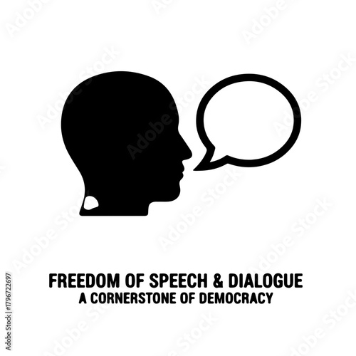 black and white profile silhouette of a human head with a large, empty speech bubble emerging from the mouth. This icon powerfully symbolizes freedom of speech and the fundamental importance