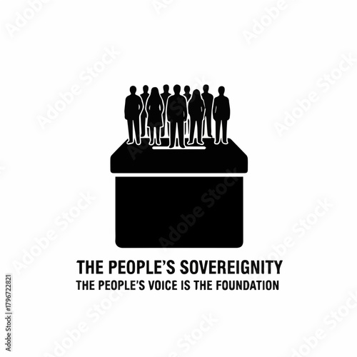 silhouette icon symbolizing popular sovereignty and active civic participation. Multiple figures stand atop a large ballot box, representing the people as the ultimate platform of power