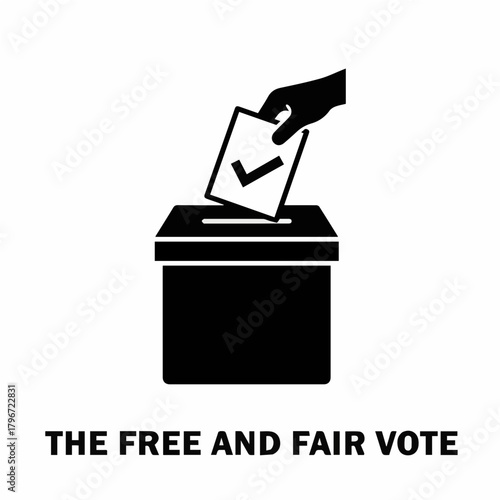 black n white icon depicting the core democratic process: a hand casting a marked ballot paper, indicated by a large checkmark, into a ballot box. Represents free and fair elections, the right to vote