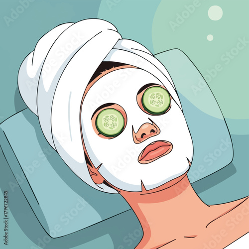 A woman relaxes with a facial mask and cucumber slices on her eyes, enjoying a spa day for skincare and beauty.