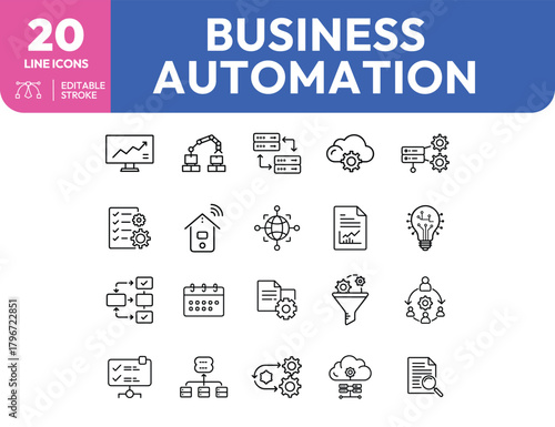 Business Automation Line Icons Data Flow Cloud Computing and Process Management