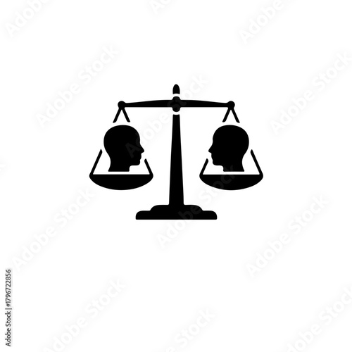 black and white icon combining the scales of justice with two identical human head symbols, perfectly balanced. This design symbolizes the foundational principle of "one person, one vote"