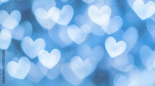 Gentle blue pastel scene with soft light shimmer and heart shapes glowing faintly