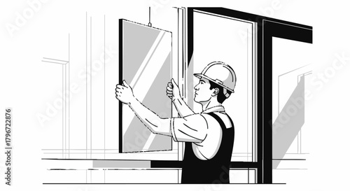 An illustration shows a construction worker in a hard hat installing a pane of glass in a window frame, demonstrating precision and attention to detail.
