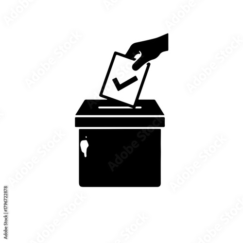 black n white icon depicting the core democratic process: a hand casting a marked ballot paper, indicated by a large checkmark, into a ballot box. Represents free and fair elections, the right to vote