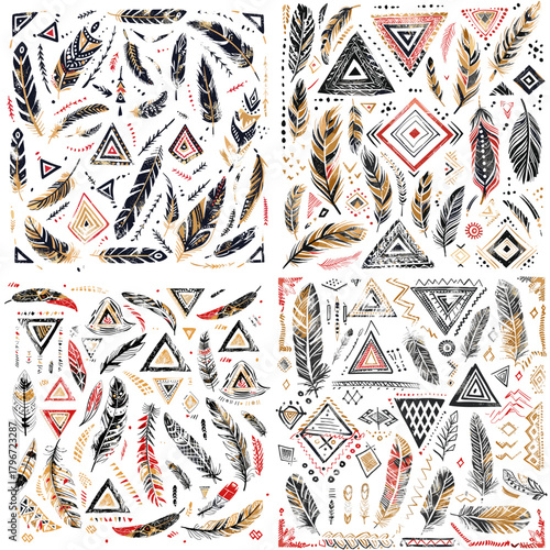 Tribal geometric kit with feathers, triangles and diamonds in red, gold and black. Hand-drawn boho motifs for seamless backgrounds, posters, textiles and modern decor.