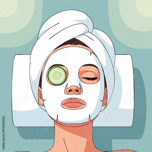 A woman relaxes during a spa treatment, wearing a facial mask with cucumber slices, enjoying a moment of self-care and beauty.