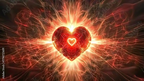 Bright red tone featuring centered glowing hearts surrounded by soft radiant light
