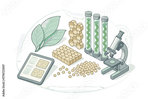 Isometric setup for food science research featuring lab equipment and plant-based ingredients