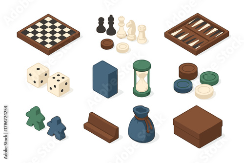 Isometric set of classic board game elements including chess pieces, dice, backgammon board, and tokens