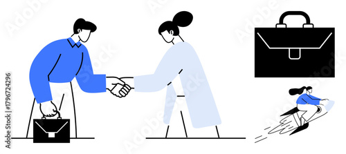 Businesspeople shaking hands symbolizing agreement, briefcase alluding to professionalism, and person riding rocket signifying ambition, creativity, and growth. Ideal for success, partnership