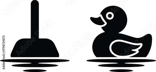 Black rubber duck and plunger icons floating on water ripples bath toy