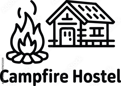 Campfire Hostel logo with bonfire and cabin simple line art house building