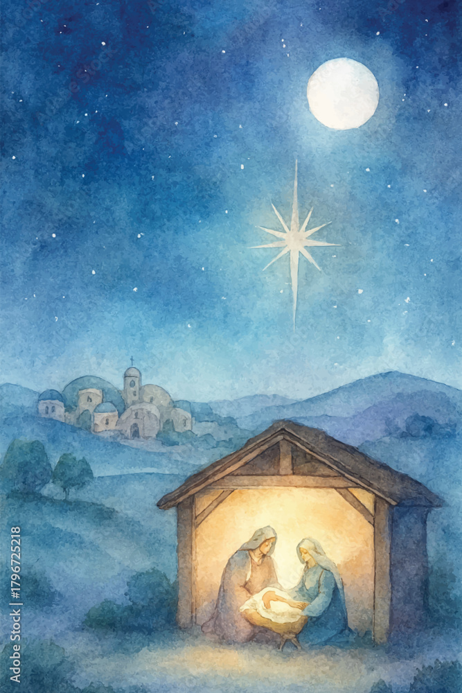 Naklejka premium soft watercolor serene holy christmas night background